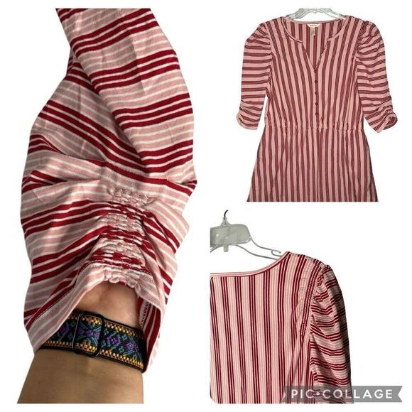 Matilda Jane pink Red White Striped Pullover V Neck Button Front Dress Size L - Picture 6 of 8